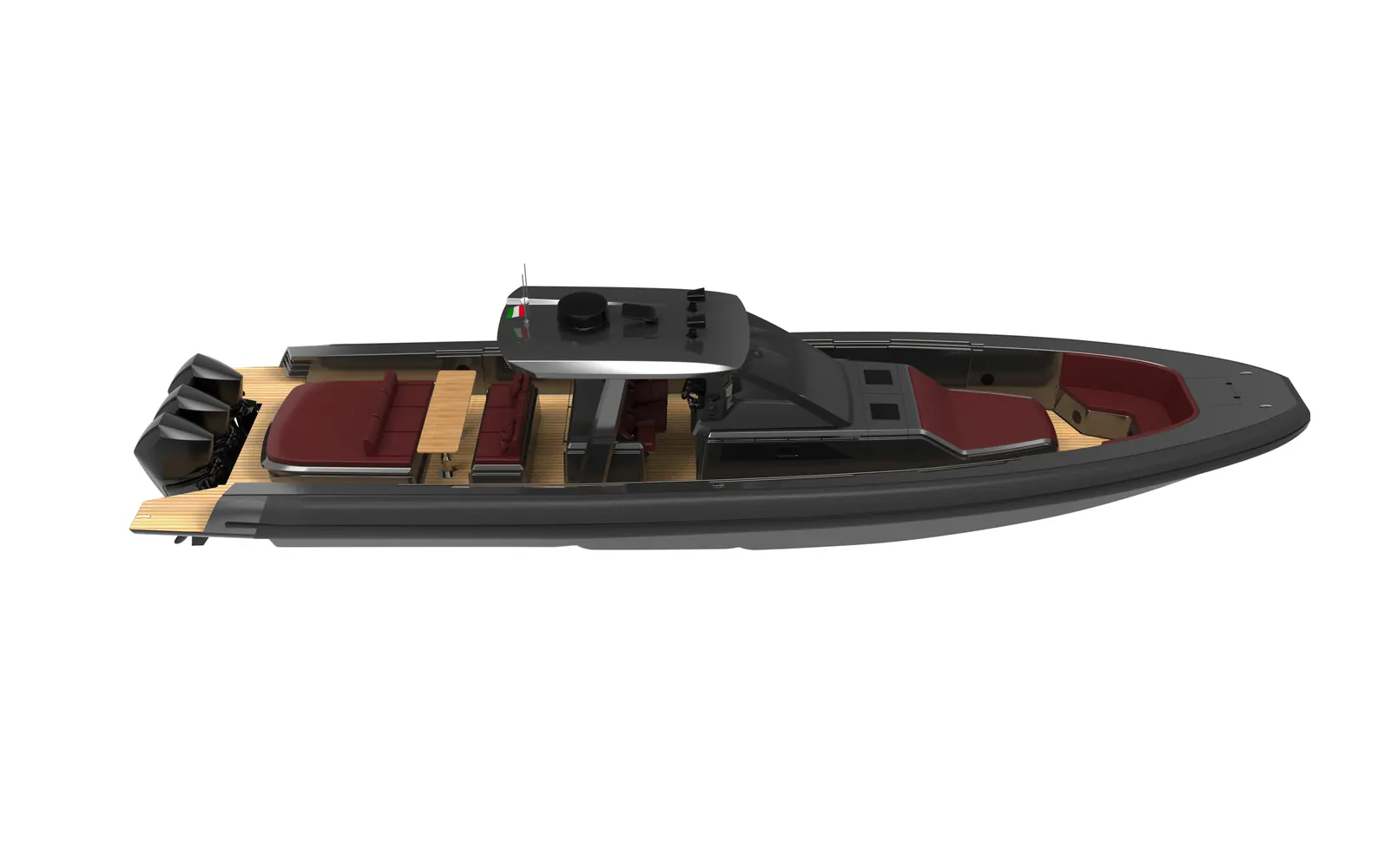 Profilo laterale di GARI 44 FB T-top su fondo neutro: scafo antracite, D-Tube a filo coperta e camminamenti in teak