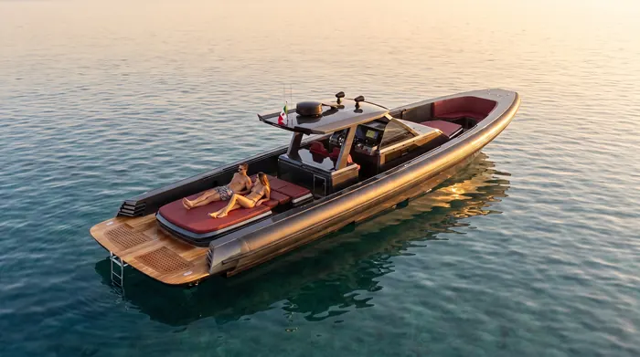 GARI 44 EFB all'ancora su mare calmo al tramonto, coperta illuminata dalla luce dorata