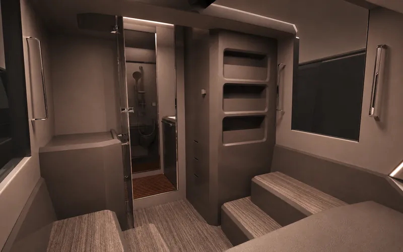 Interni GARI 44: bagno: porta a vetro e mobile di servizio