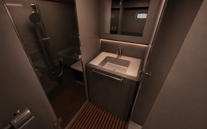 Interni GARI 44: lavabo, specchio e box doccia