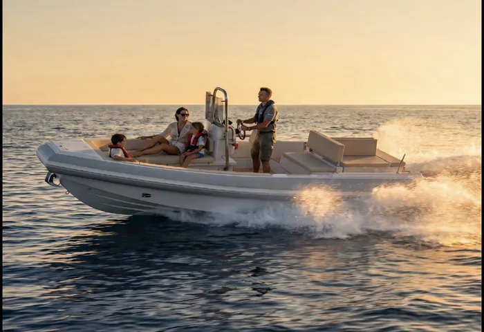 GARI Tender 700 in navigazione al tramonto con persone a bordo