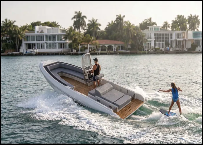 GARI Tender 700 in navigazione con un wakesurfer al traino, davanti alle ville sul mare
