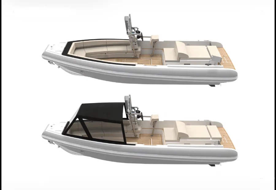 GARI Tender 700 allestimento Utility: due render, con tendalino di prua chiuso e aperto